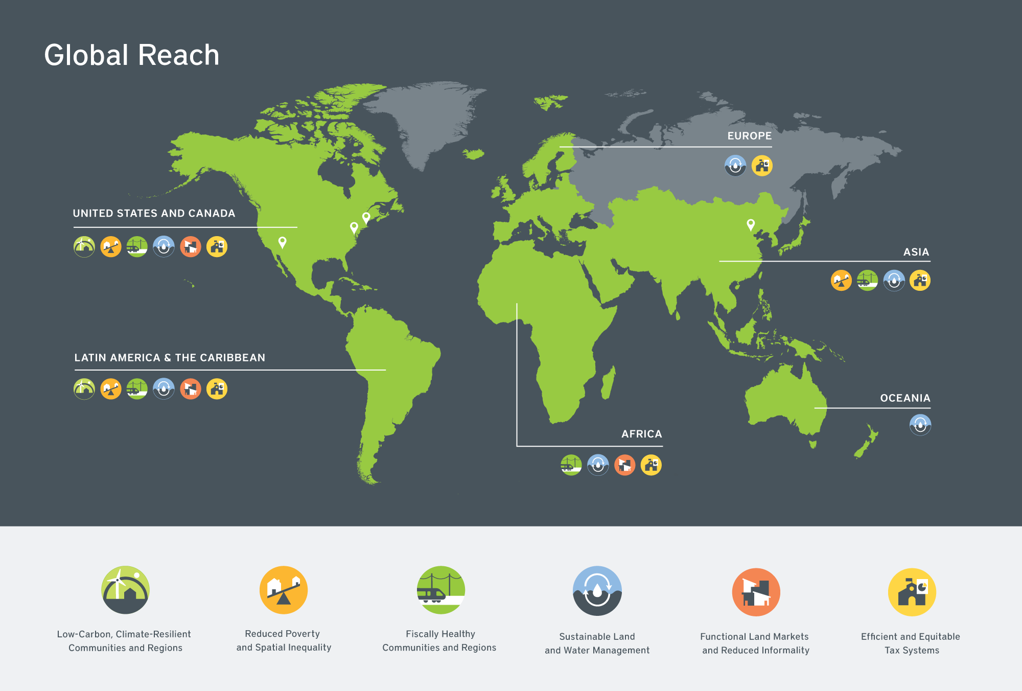 Map infographic showing the Lincoln Institute's global reach