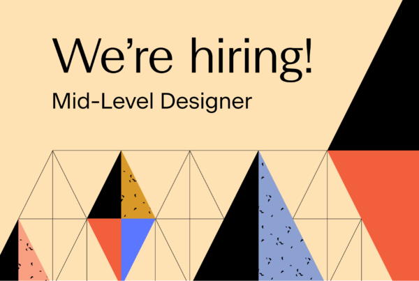 Text reads: We're Hiring! Mid-Level Designer. Image has a decorative background.