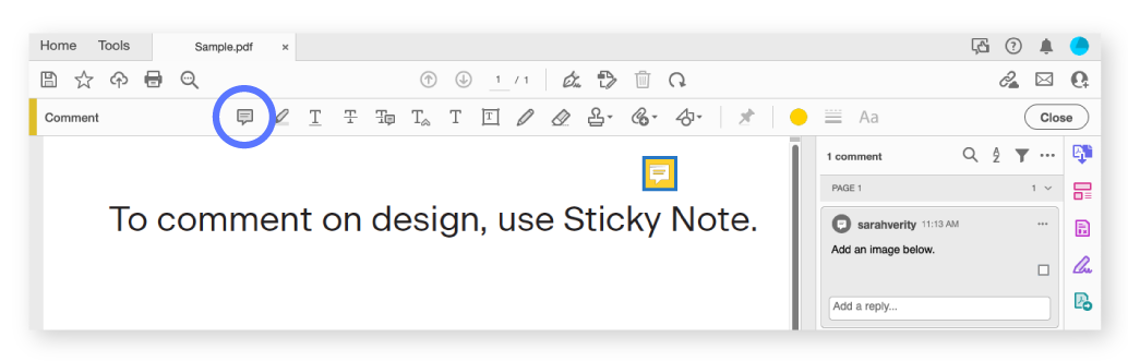 Sticky note comment button in Acrobat