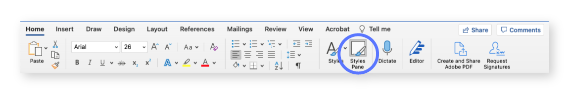 Opening the styles pane in Microsoft Word