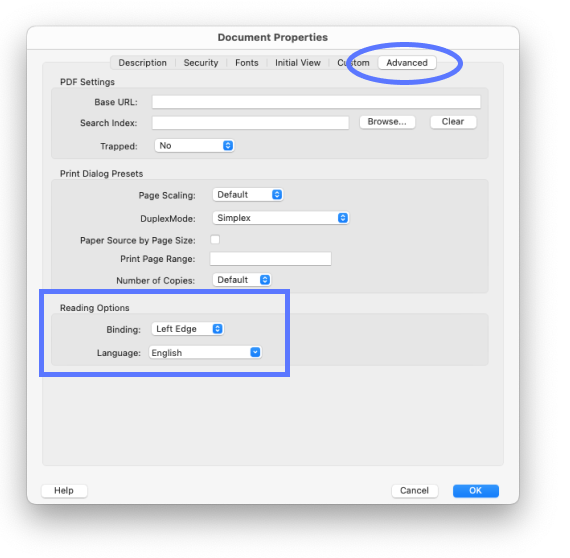 PDF Document Properties panel with the advanced reading options highlighted
