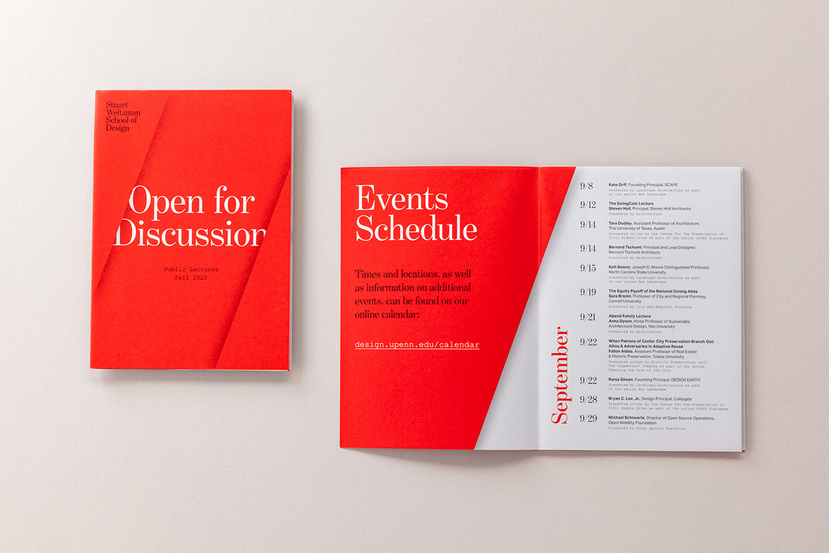 Folded cover and events schedule listing for the Fall 2022 Public Lecture series titled Open for Discussion.