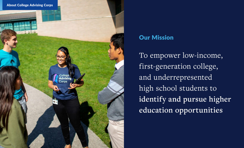 Slide from the brand book stating the mission: "To empower low-income, first-generation college, and underrepresented high school students to identify and pursue higher education opportunities"