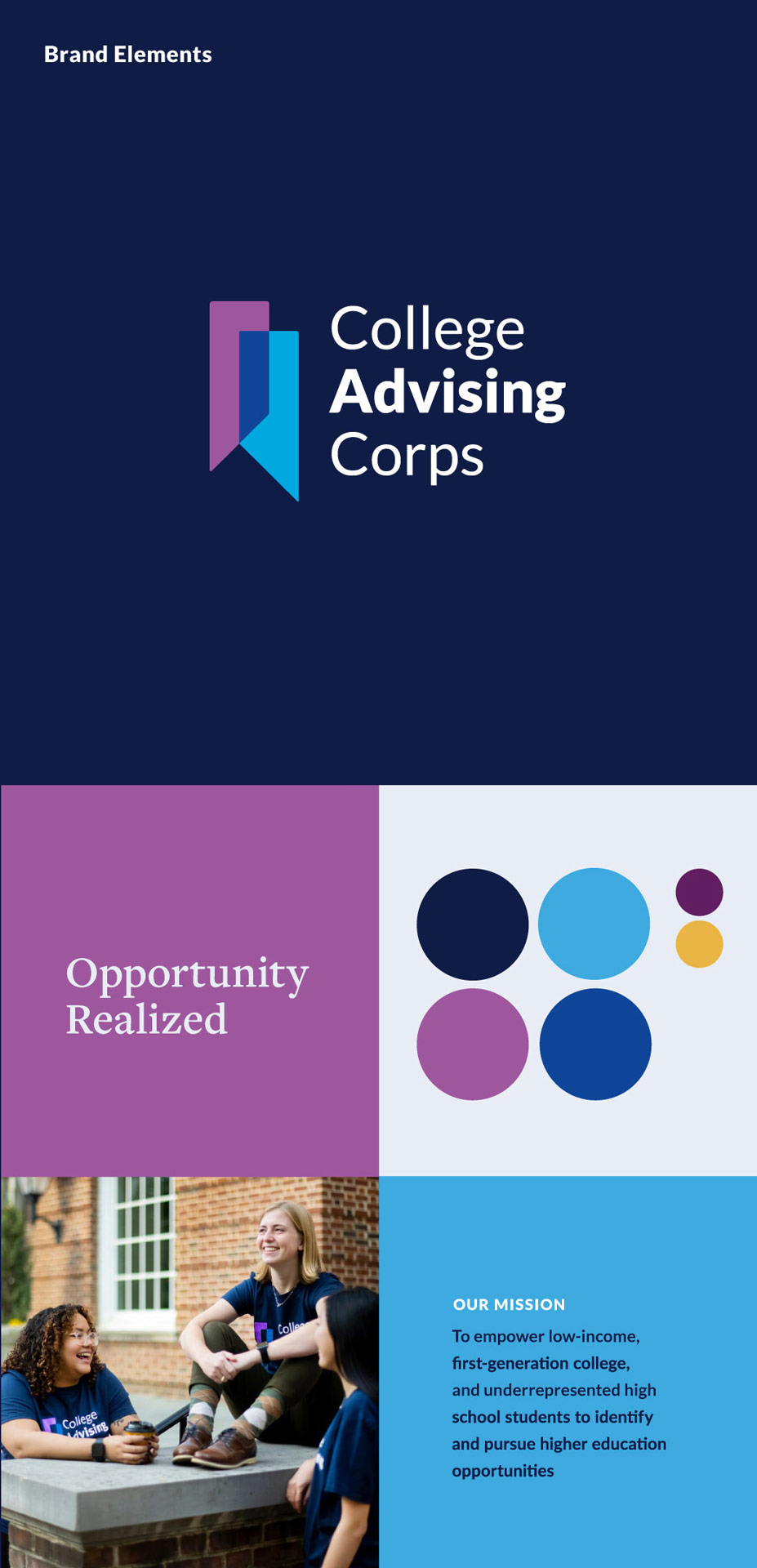 College Advising Corps brand elements including logo, typography, color palette, and photography style
