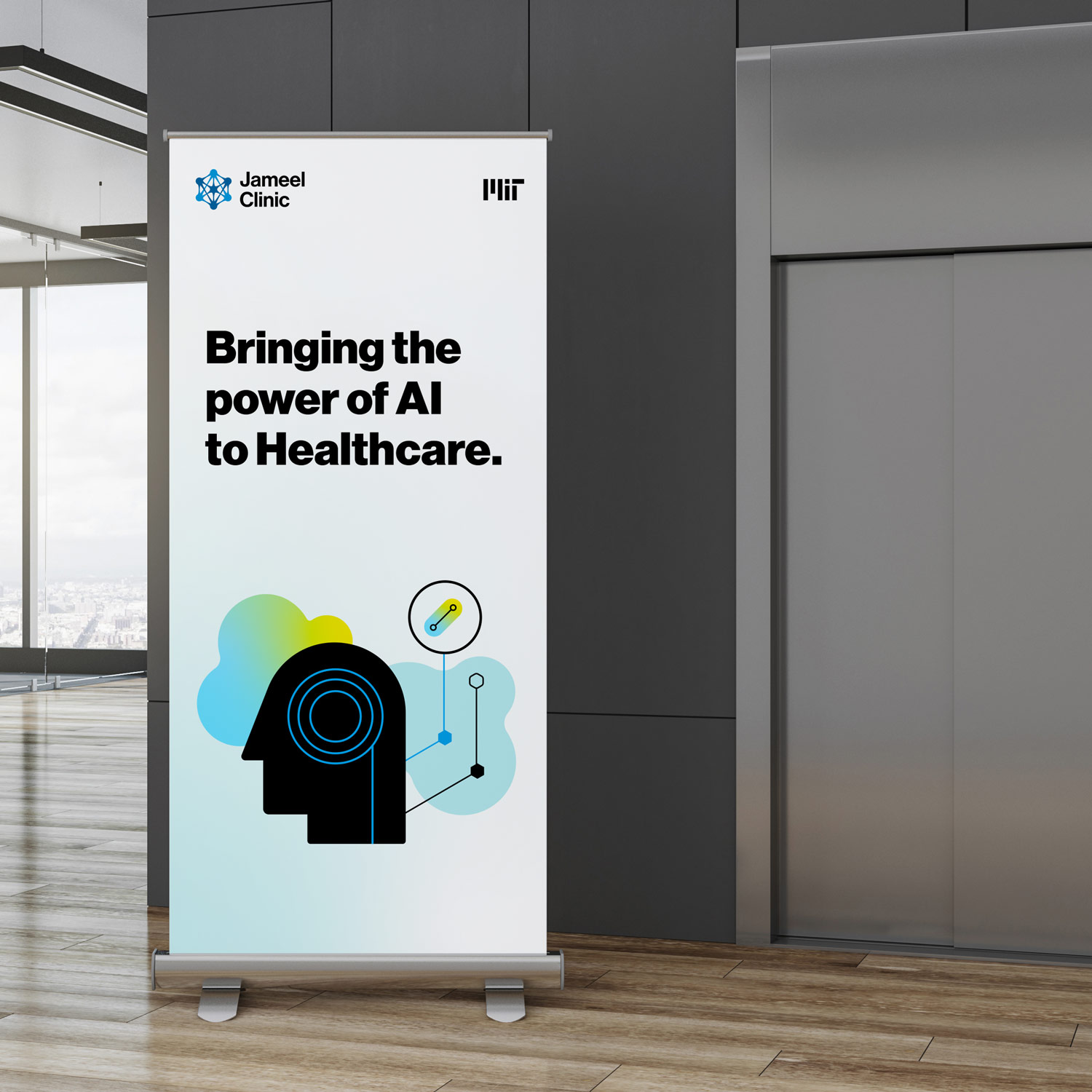 A vertical pop up banner in front of an elevator with a brand illustration and the headline, 